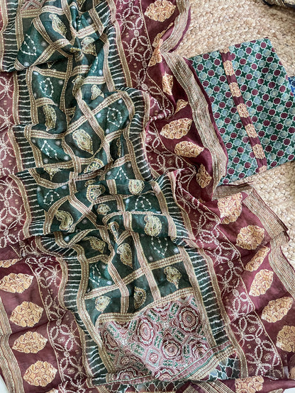 Maheshwari Kantha work Ajrakh Unstitched suit