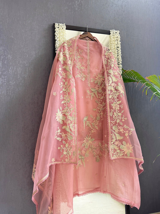 Crush tissue handwork birds and florals suit