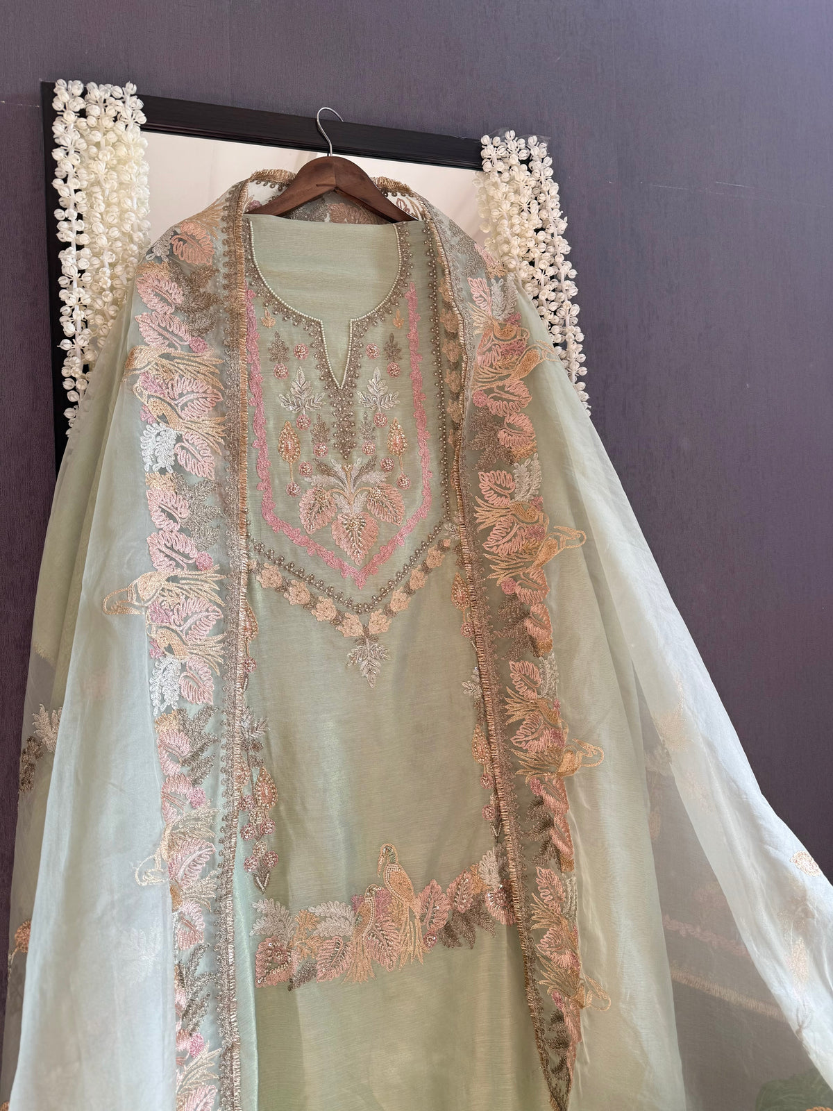 Premium tissue linen silk hand embroidered suit