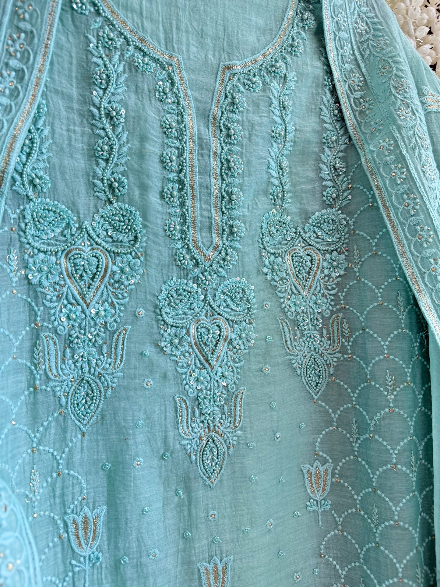 Luxurious Mul chanderi lucknowi lotus and hearts suit