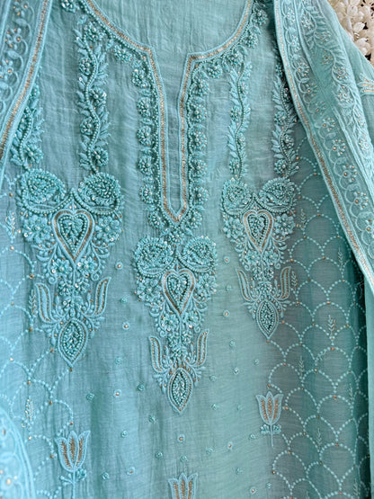 Luxurious Mul chanderi lucknowi lotus and hearts suit