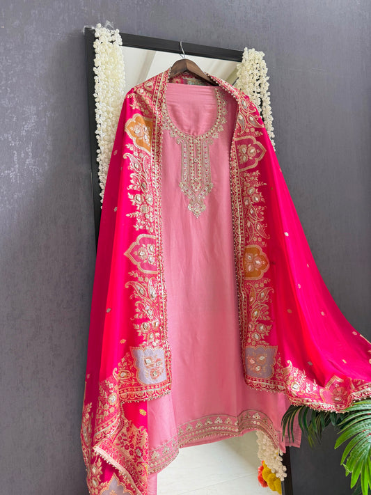 Tissue zari Aari work Meenakari suit