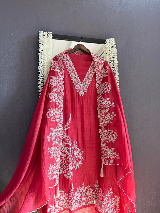 Luxurious aari work Mul chanderi suit