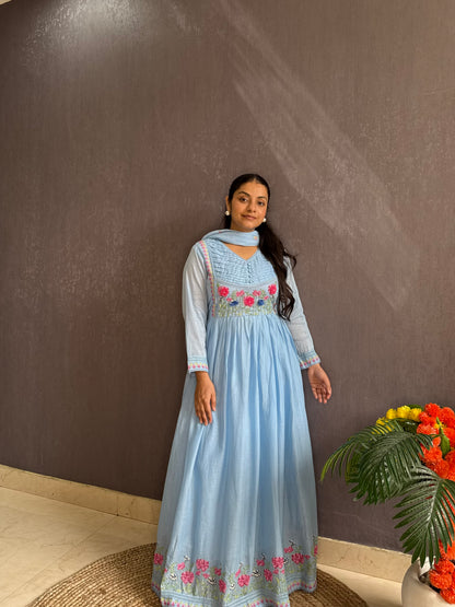 Mal cotton roses embroidered french knot Anarkali
