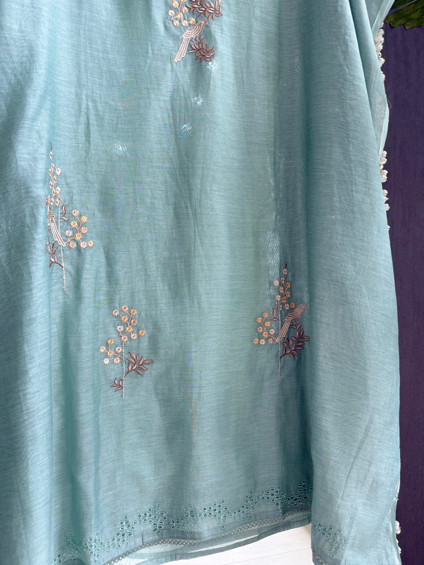 Luxurious Mul chanderi schiffili peacock suit