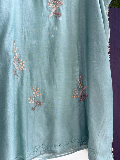 Luxurious Mul chanderi schiffili peacock suit