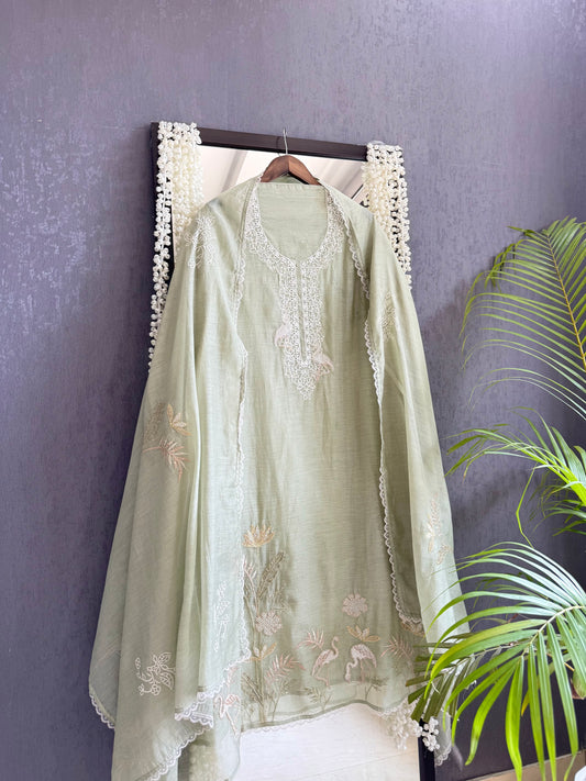 Luxurious Mul chanderi flamingos handwork suit