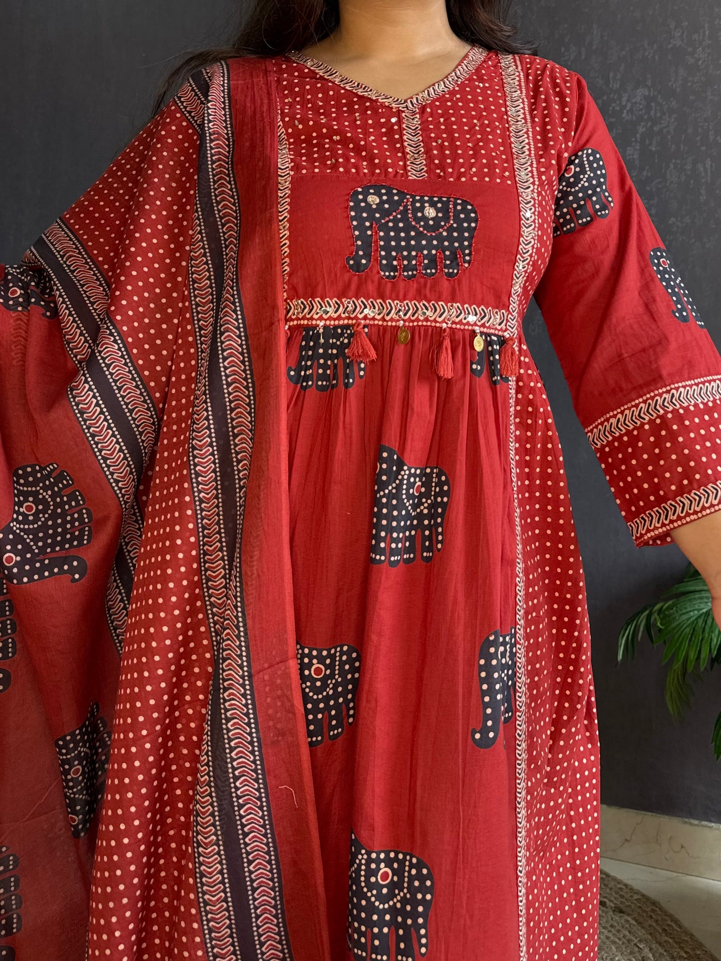 Ajrakh elephants handwork A line suit set