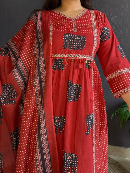 Ajrakh elephants handwork A line suit set