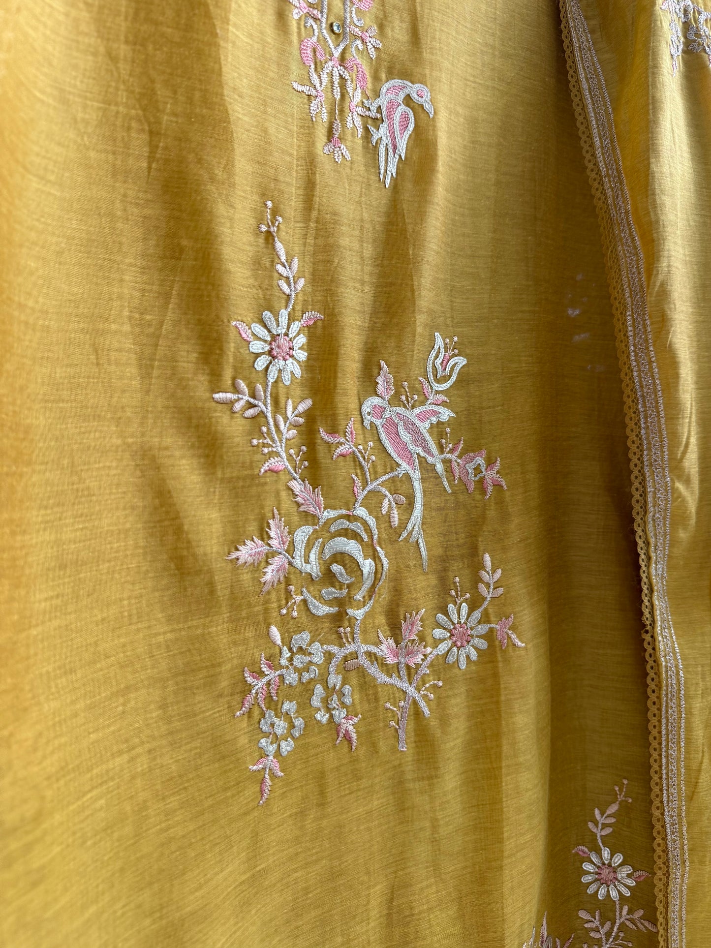 Luxurious Mul chanderi gota appliqué birds roses suit