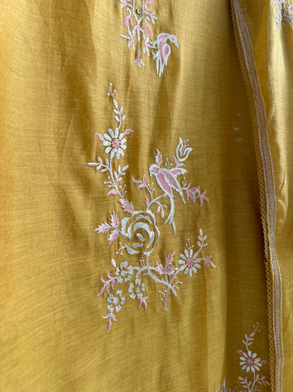 Luxurious Mul chanderi gota appliqué birds roses suit