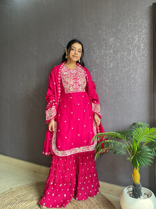 Silk embroidered shrara  suit