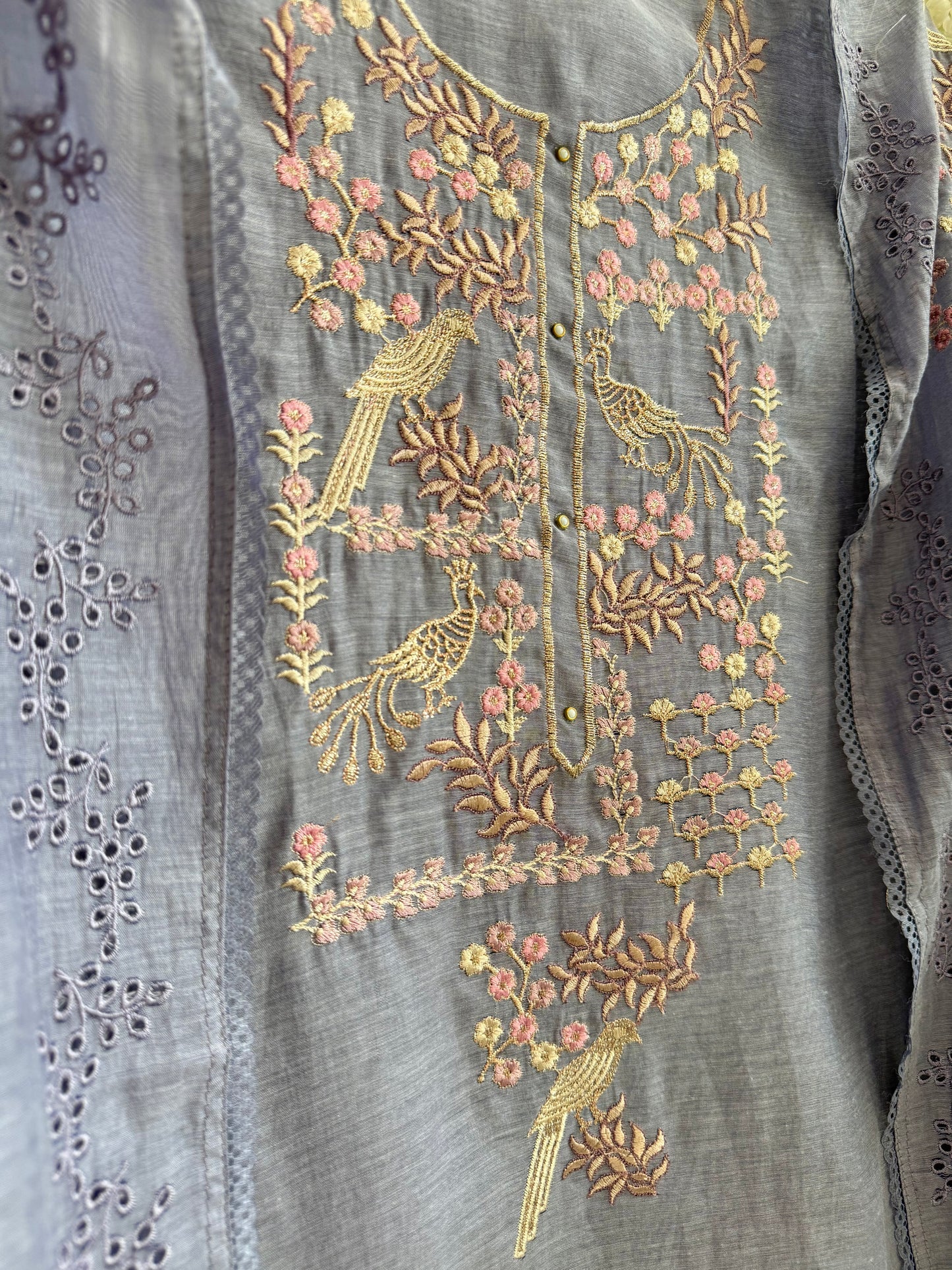 Luxurious Mul chanderi schiffili peacock suit