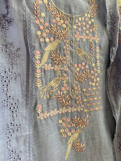 Luxurious Mul chanderi schiffili peacock suit