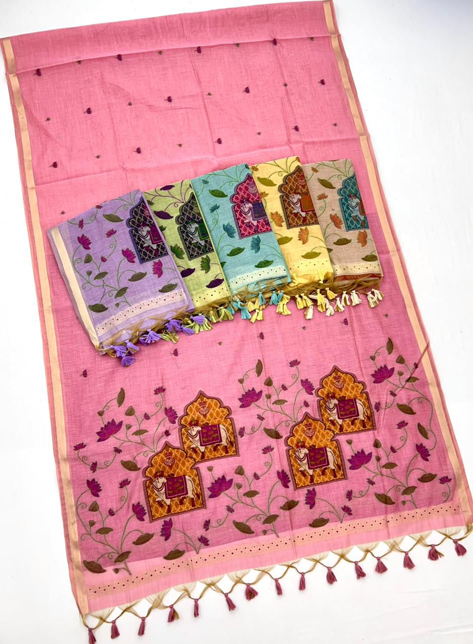 Pichwai Jamdani Linen saree