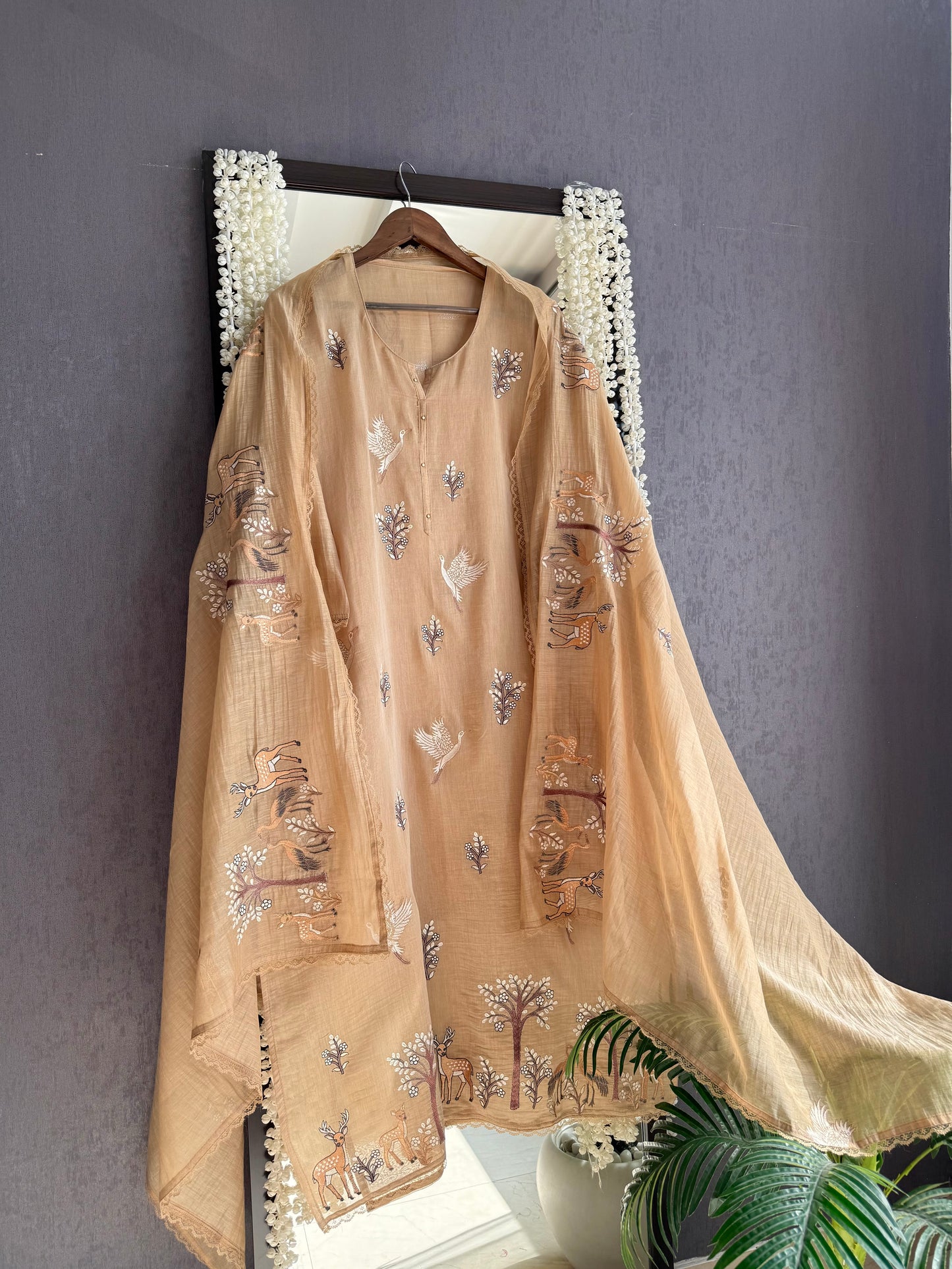 Luxurious Mul chanderi deers swans suit