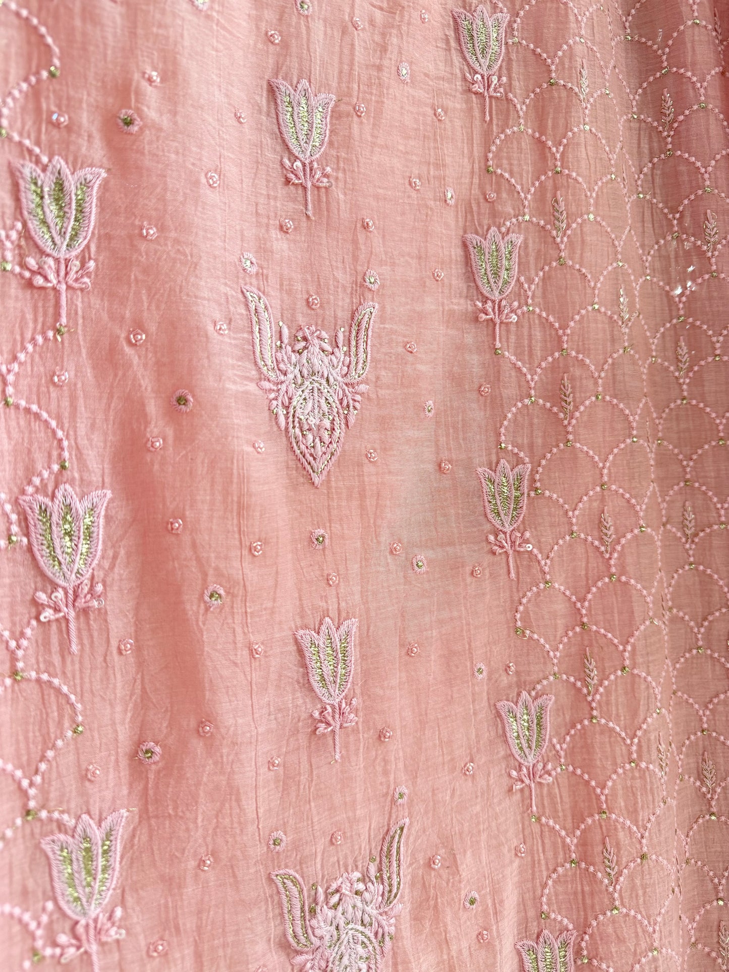 Luxurious Mul chanderi lucknowi tulip and hearts suit