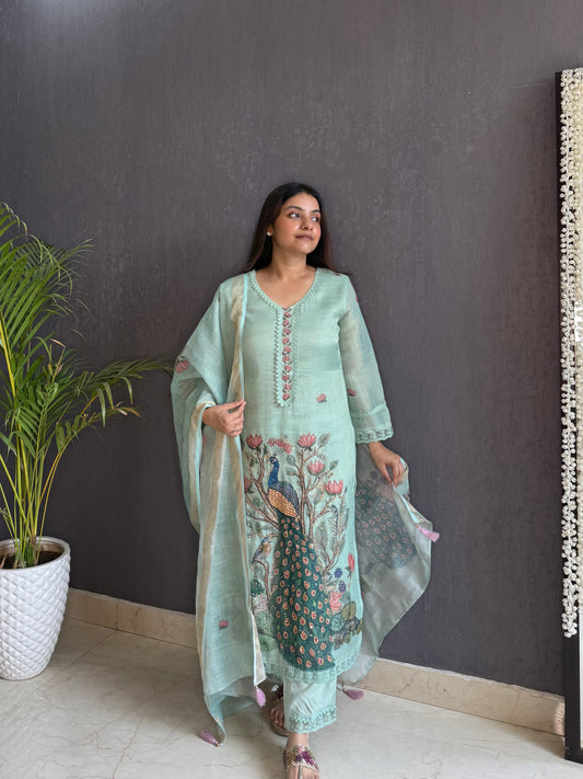 Linen peacock kurta set