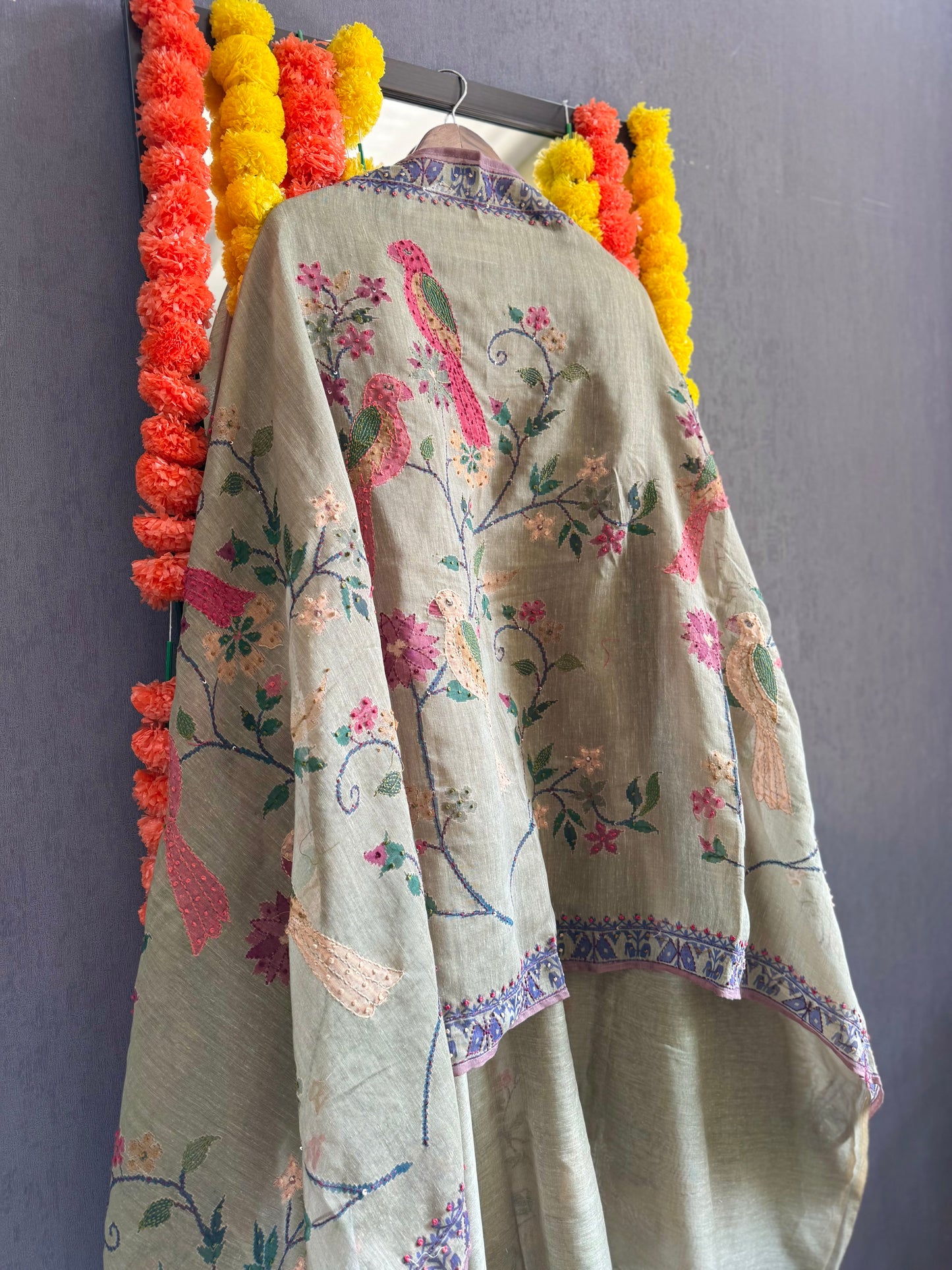 Pure linen birds frenchknot kantha work suit
