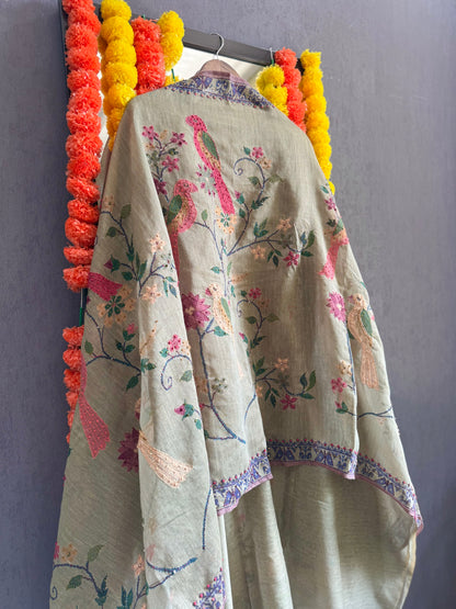 Pure linen birds frenchknot kantha work suit