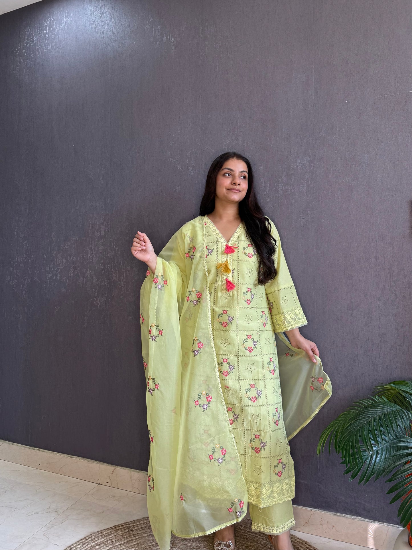 Cotton checked floral designer suit