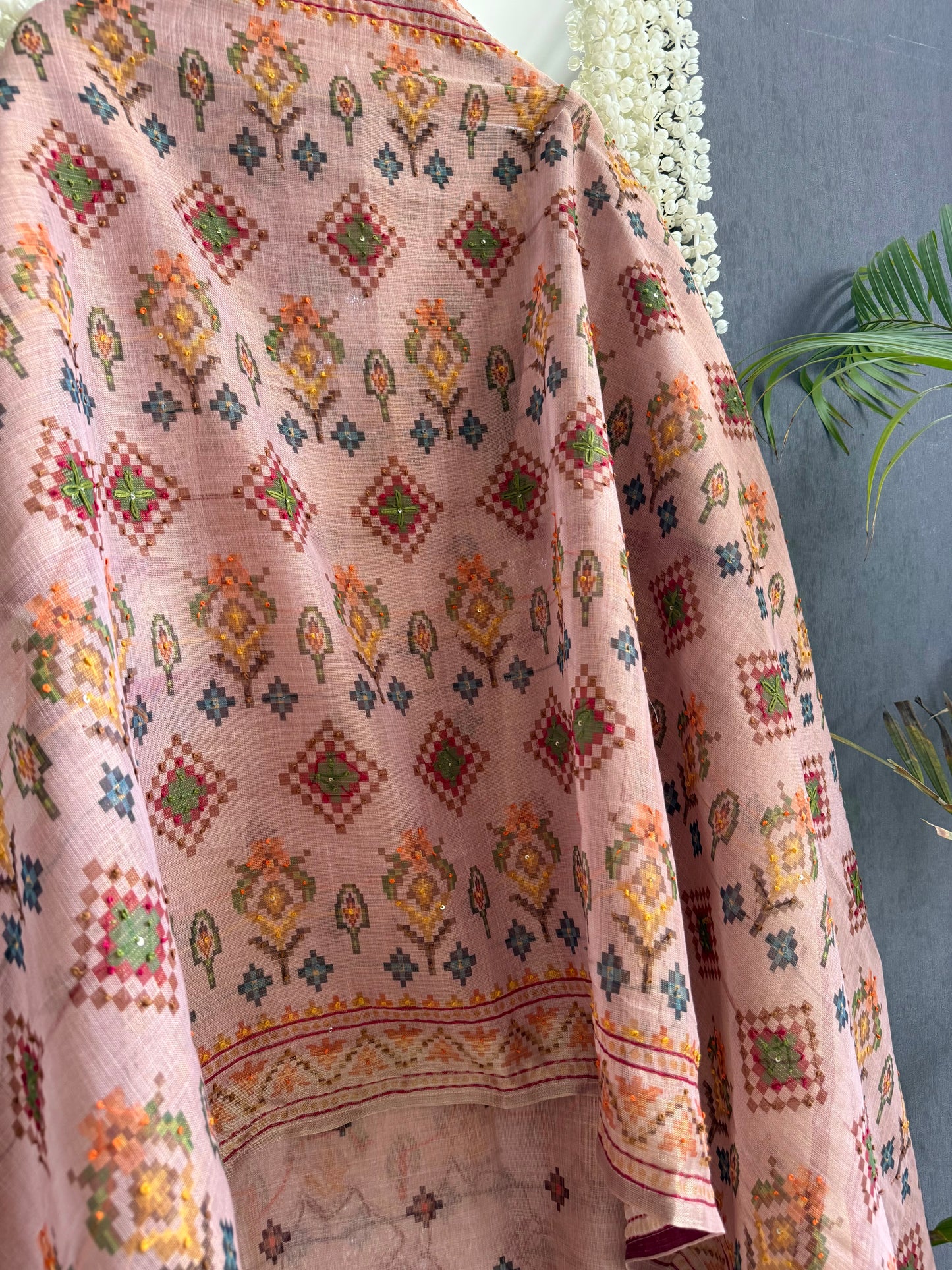 Linen ikkat Frenchknot kantha work suit
