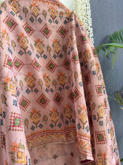Linen ikkat Frenchknot kantha work suit