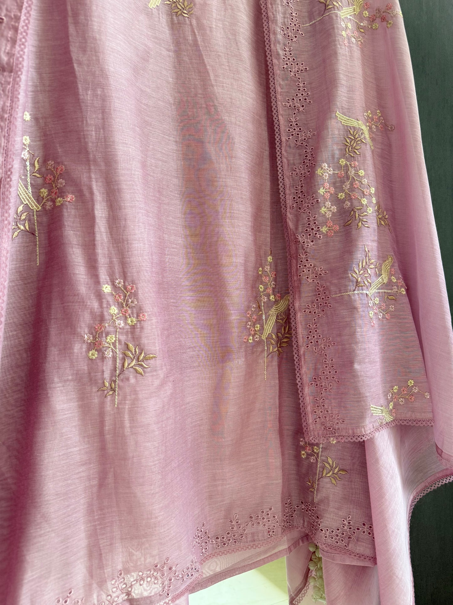 Luxurious Mul chanderi schiffili peacock suit