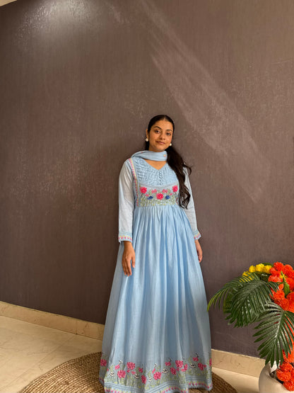 Mal cotton roses embroidered french knot Anarkali