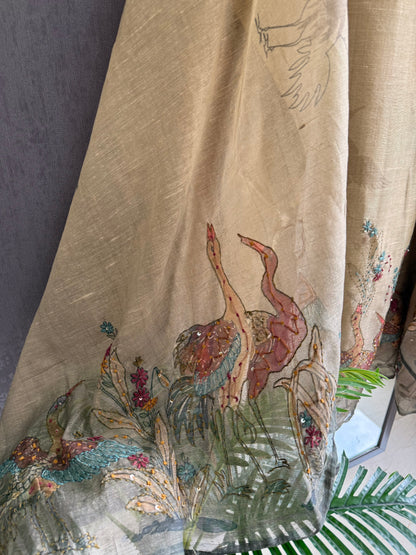 Pure linen birds frenchknot kantha work suit