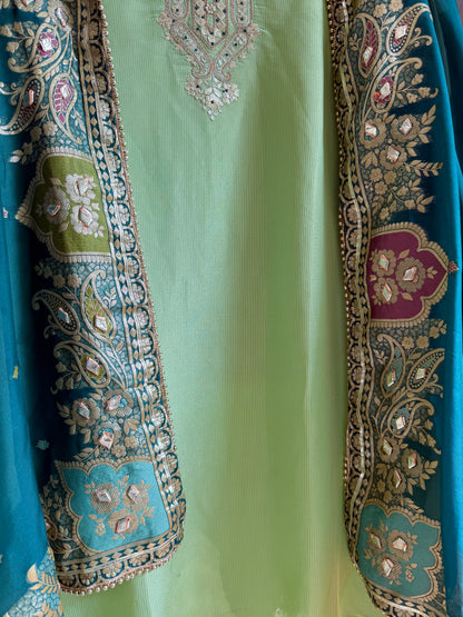 Tissue zari Aari work Meenakari suit