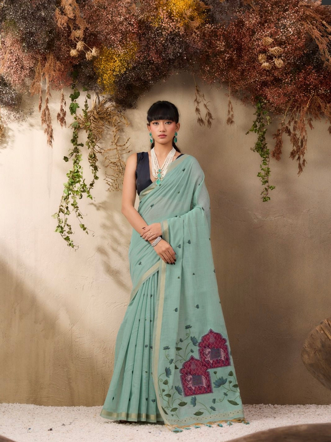 Pichwai Jamdani Linen saree
