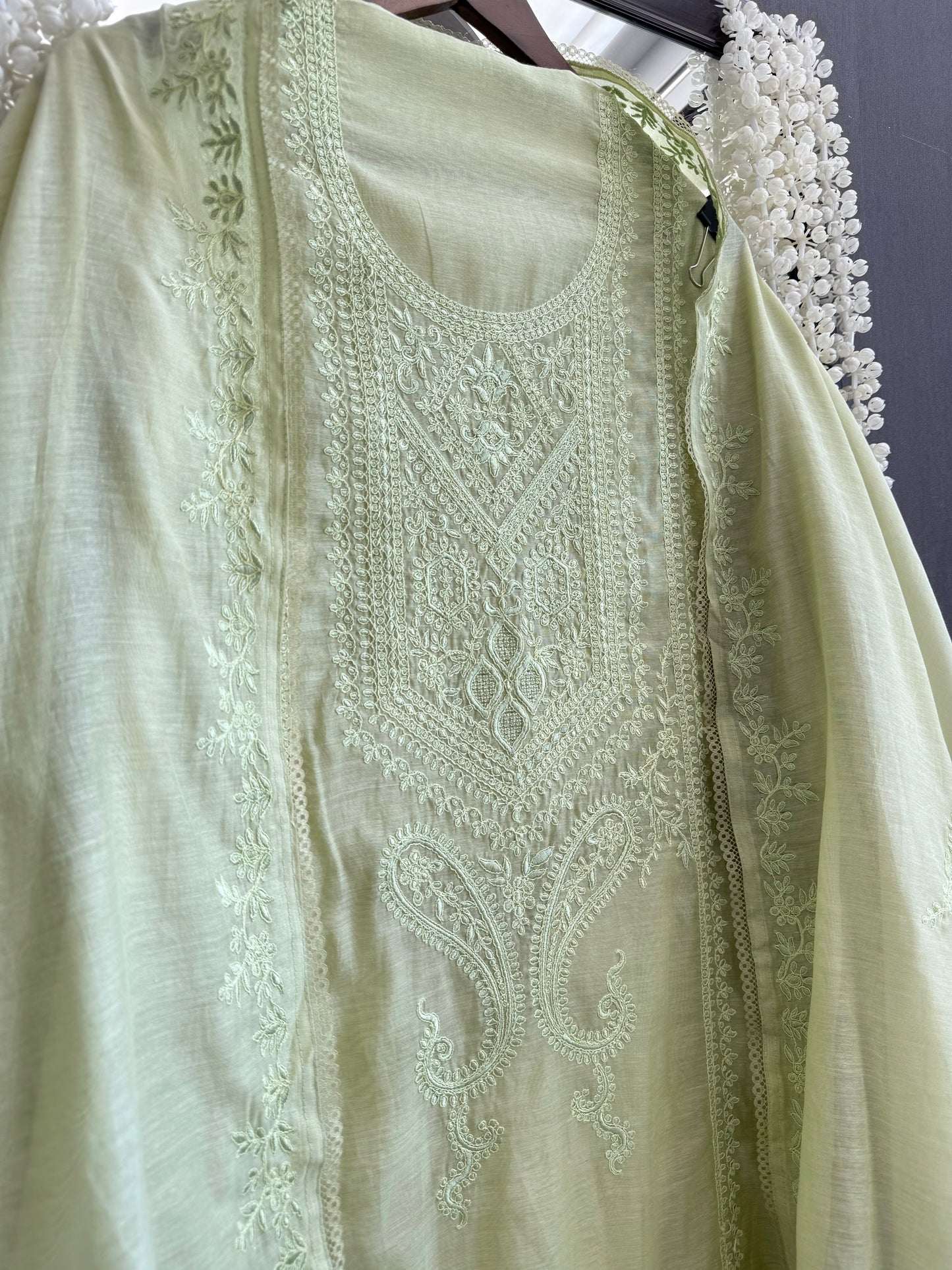 Luxurious Mul chanderi monochromatic threadwork suit