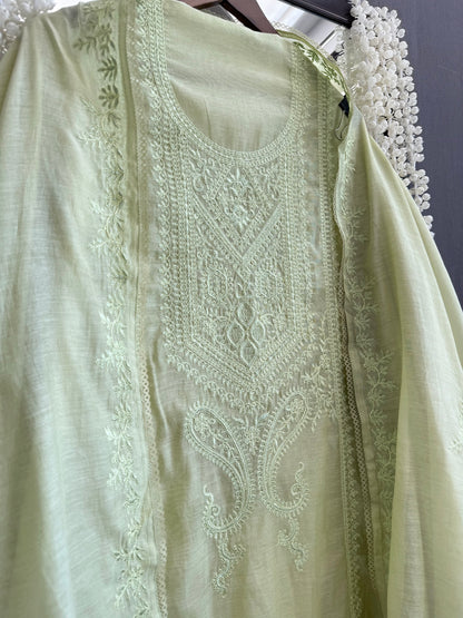 Luxurious Mul chanderi monochromatic threadwork suit