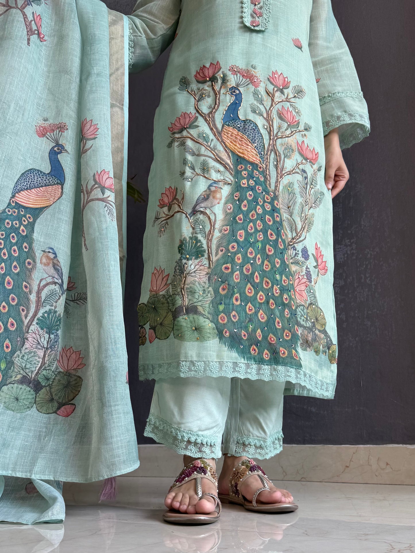 Linen peacock kurta set
