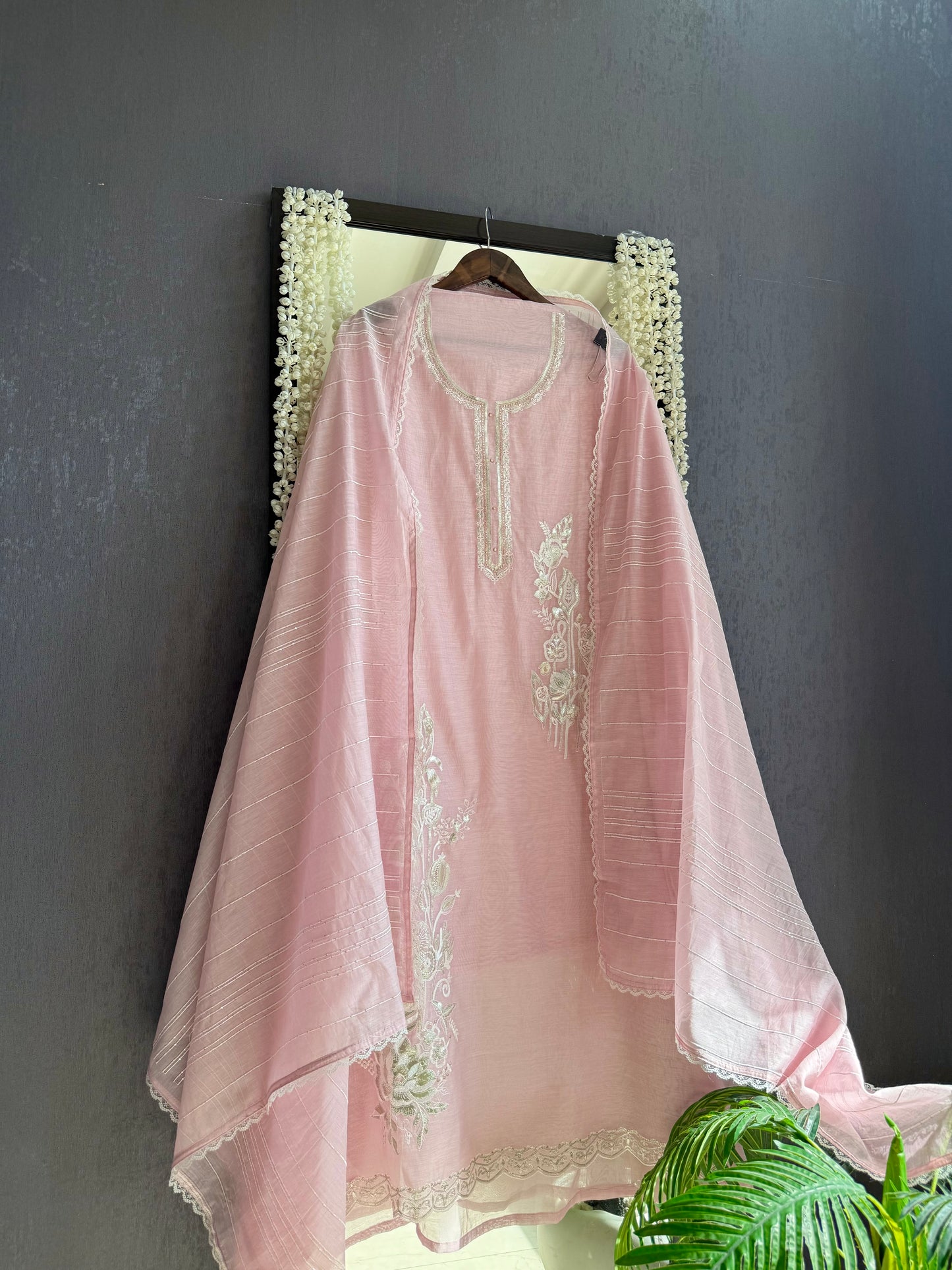 Luxurious Mul chanderi gold appliqué work suit