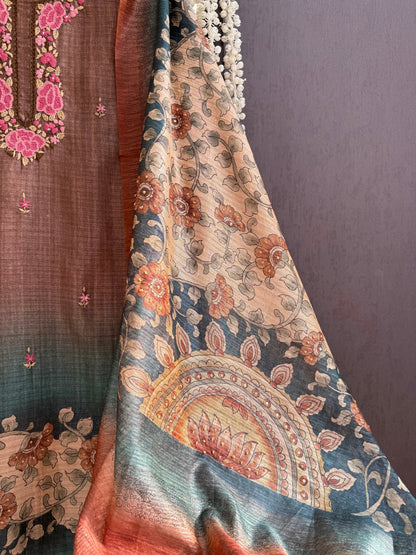 Pure linen frenchknot kalamkari suit