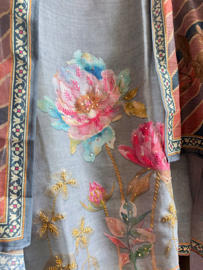 Pure linen lotus kantha work suit