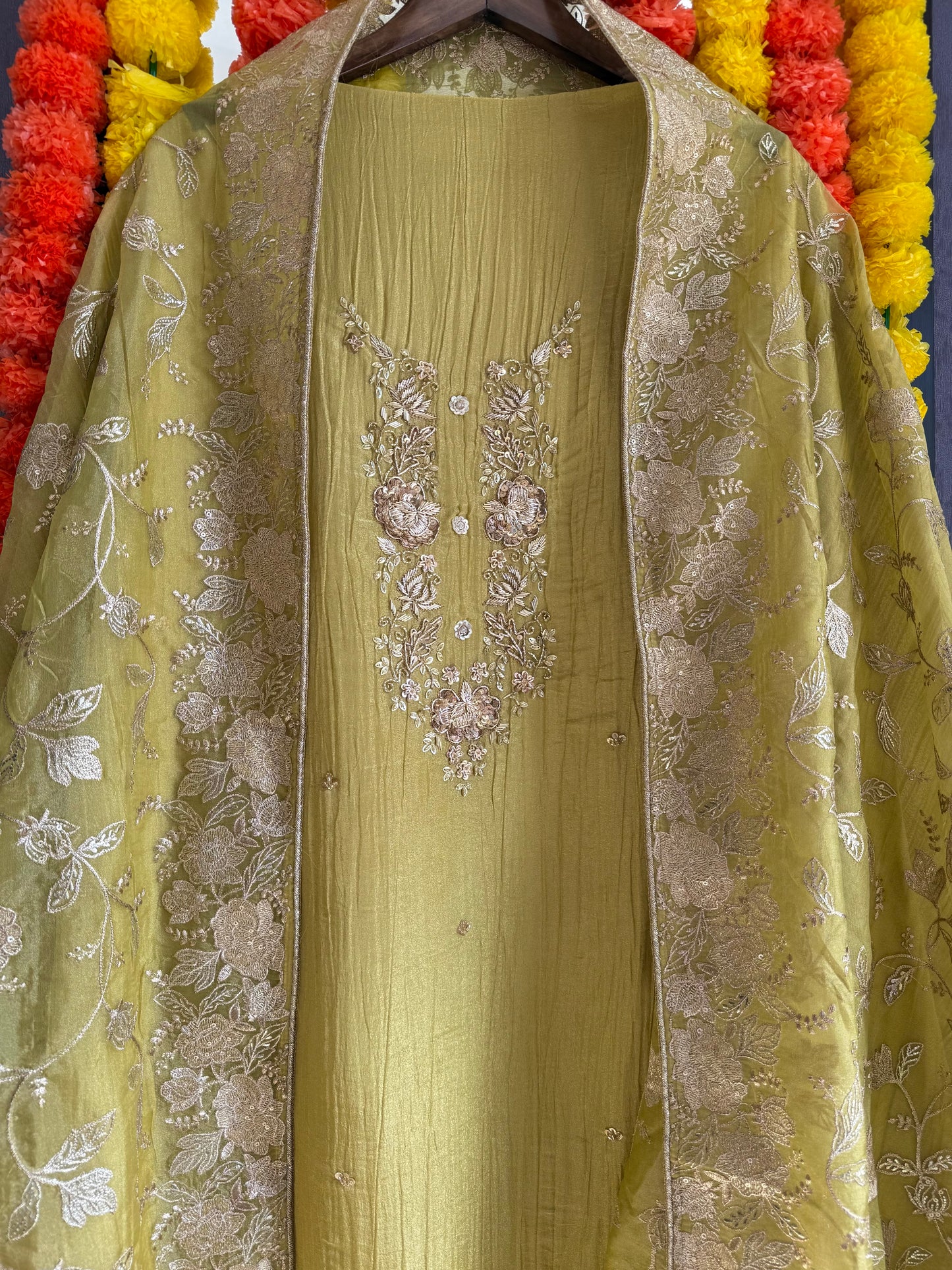 Luxurious crush tissue zardozi embroidered suit