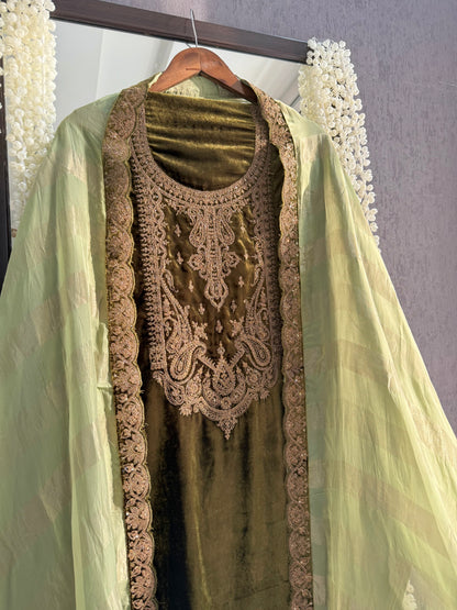 Velvet brocade marori aari work suit