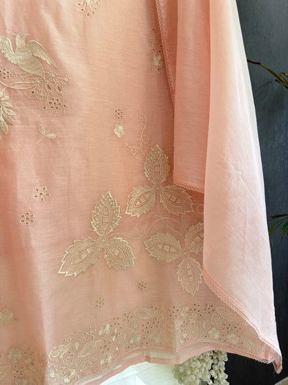 Luxurious Mul chanderi threadwork schiffili suit