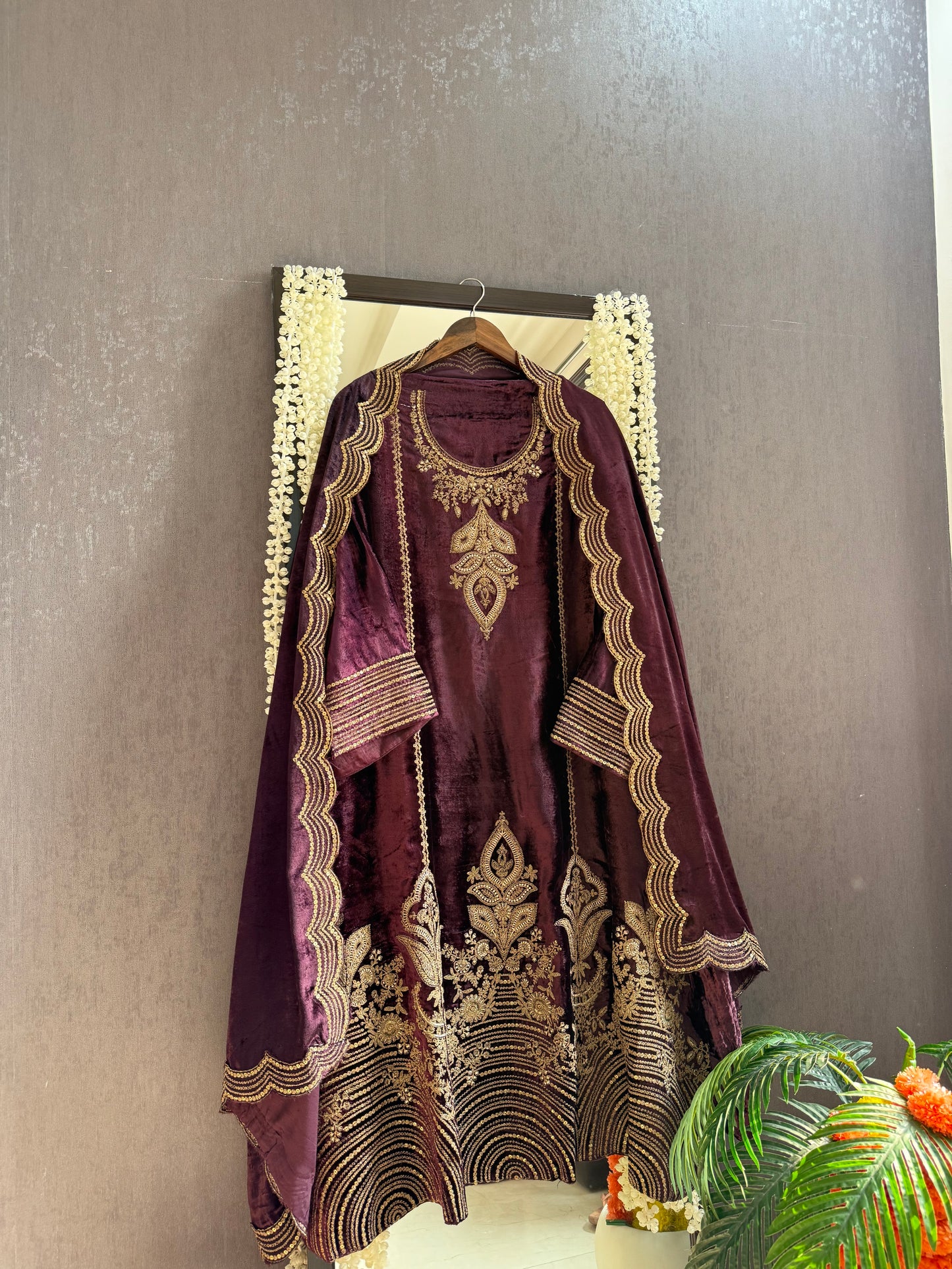 Velvet Marori Aari work Anarkali suit