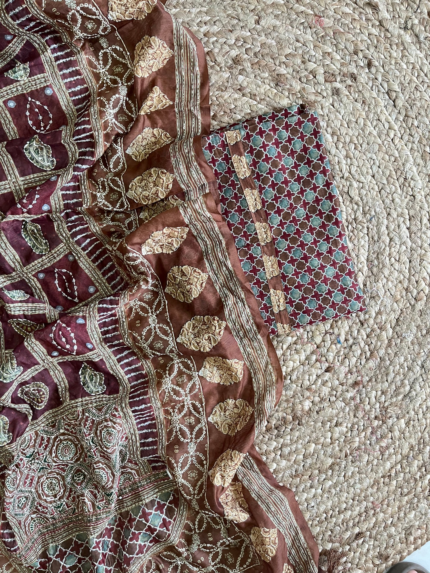 Maheshwari Kantha work Ajrakh Unstitched suit