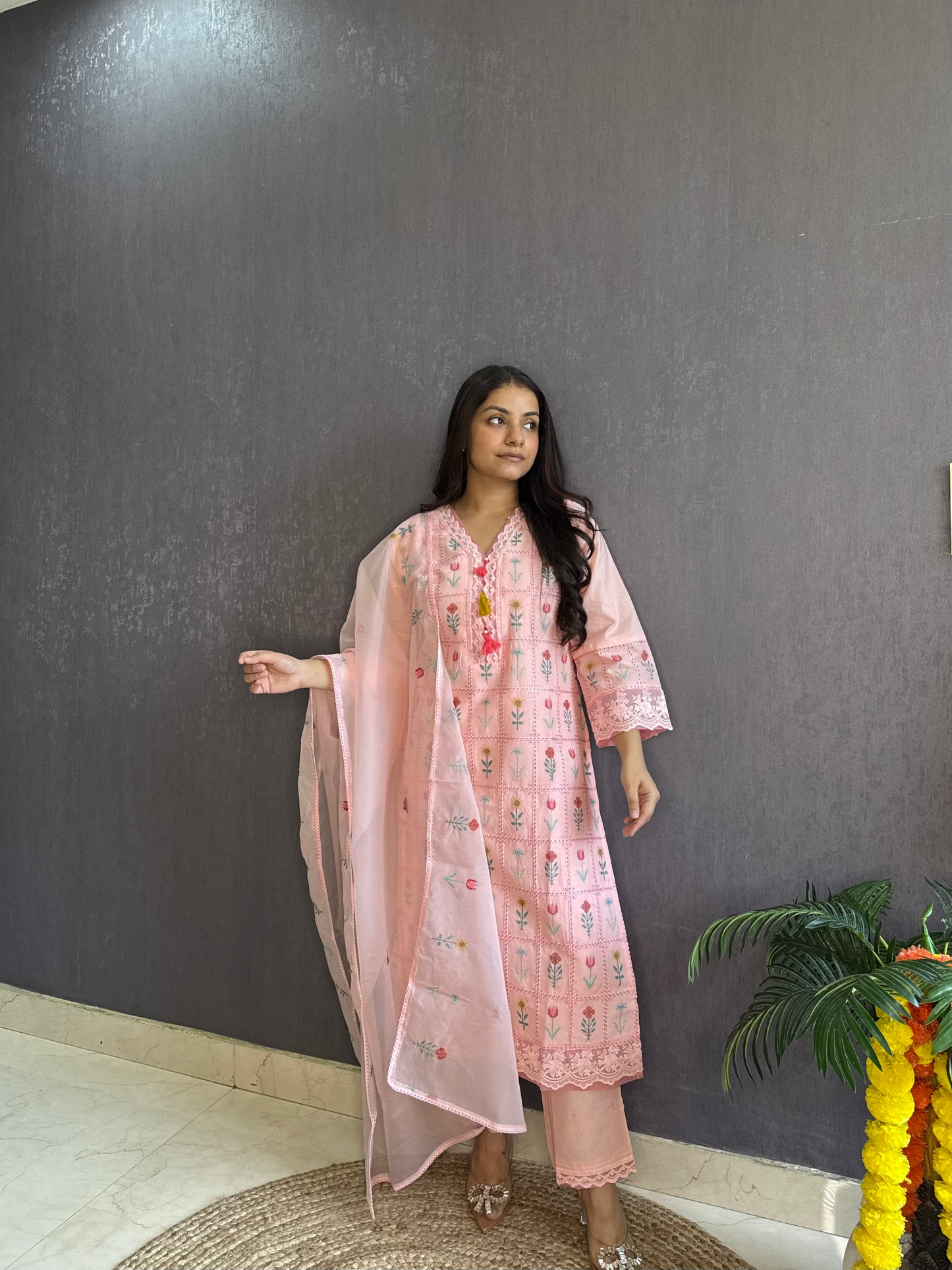 Cotton checked floral designer suit