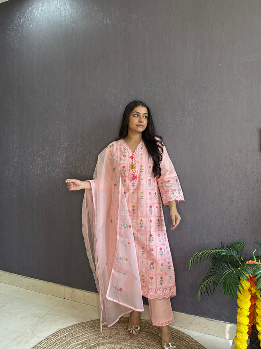 Cotton checked floral designer suit