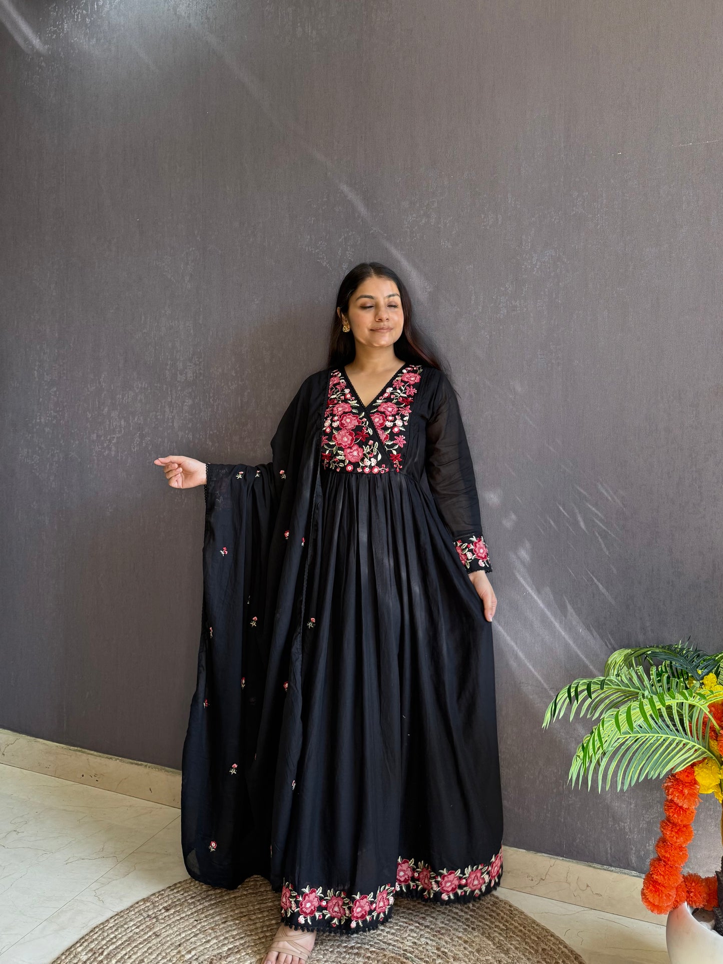 Mal cotton roses embroidered Anarkali