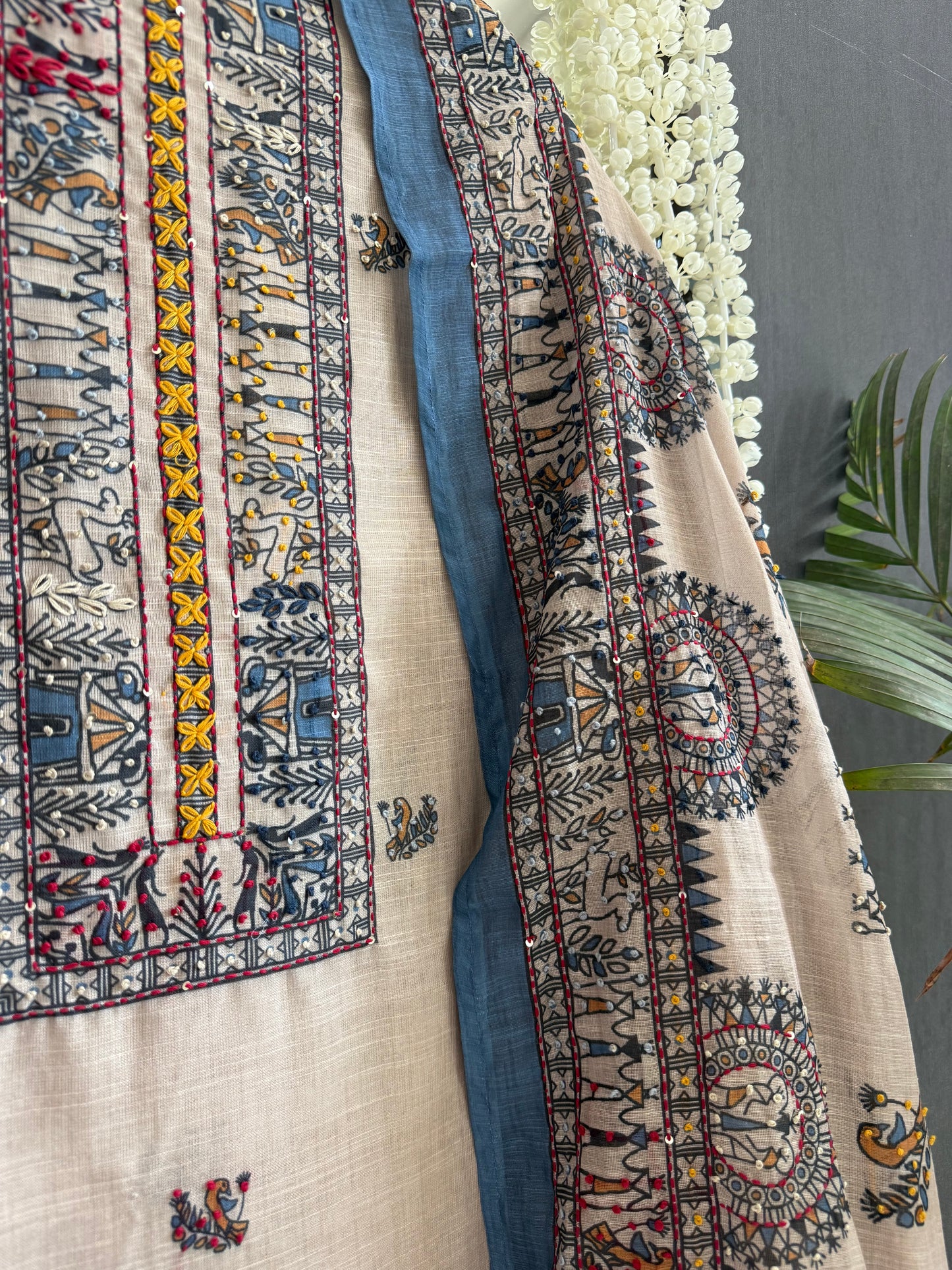 Linen worli art  Kantha work suit