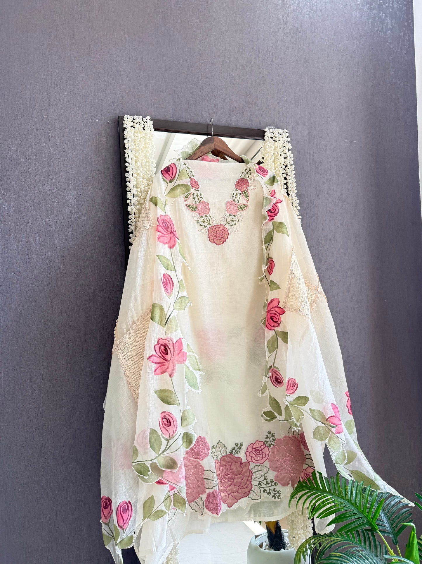 Luxurious Mul chanderi handpainted florals suit