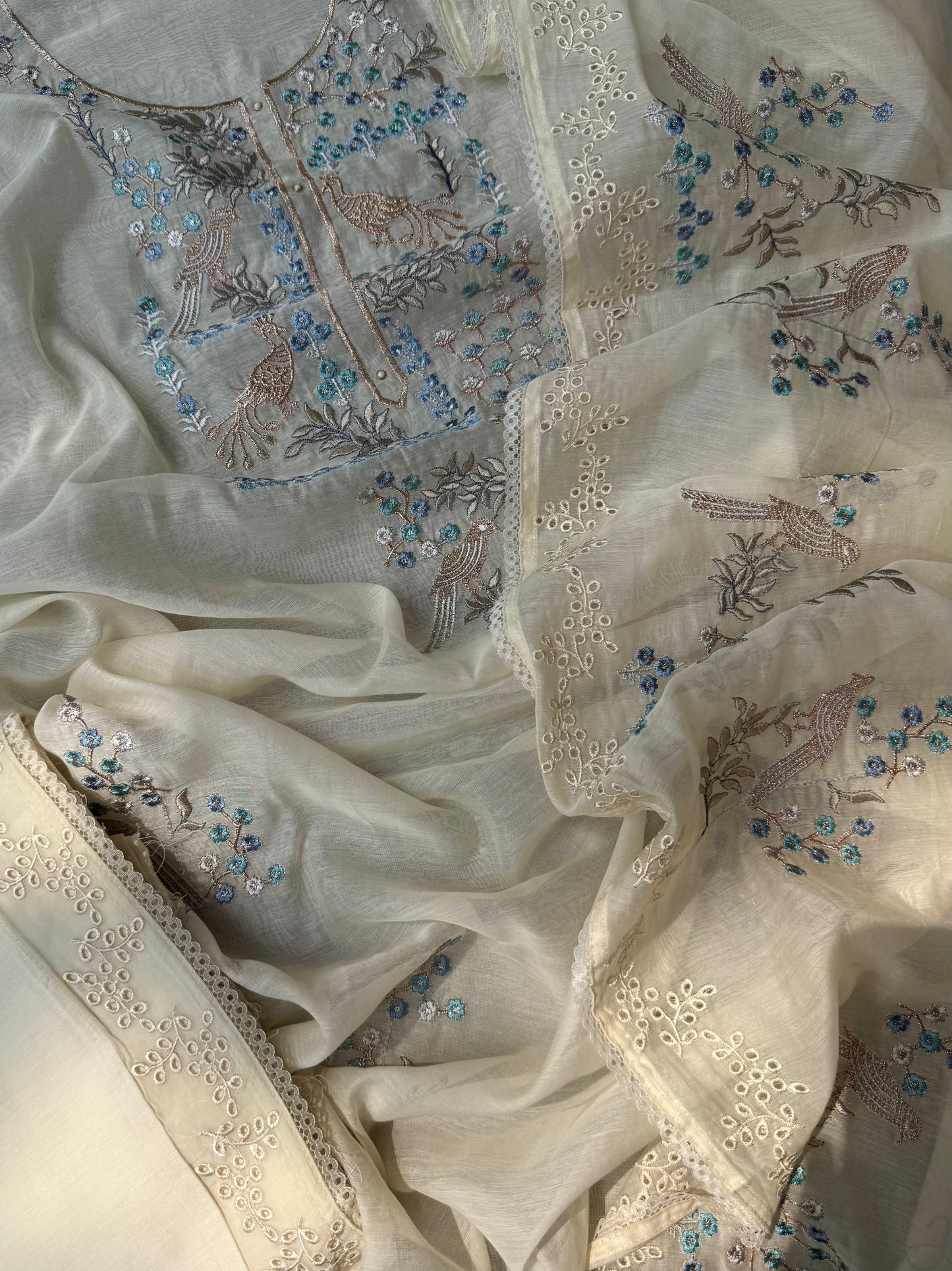 Luxurious Mul chanderi schiffili peacock suit