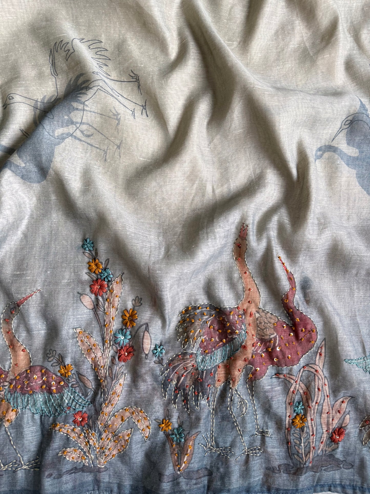 Pure linen birds frenchknot kantha work suit